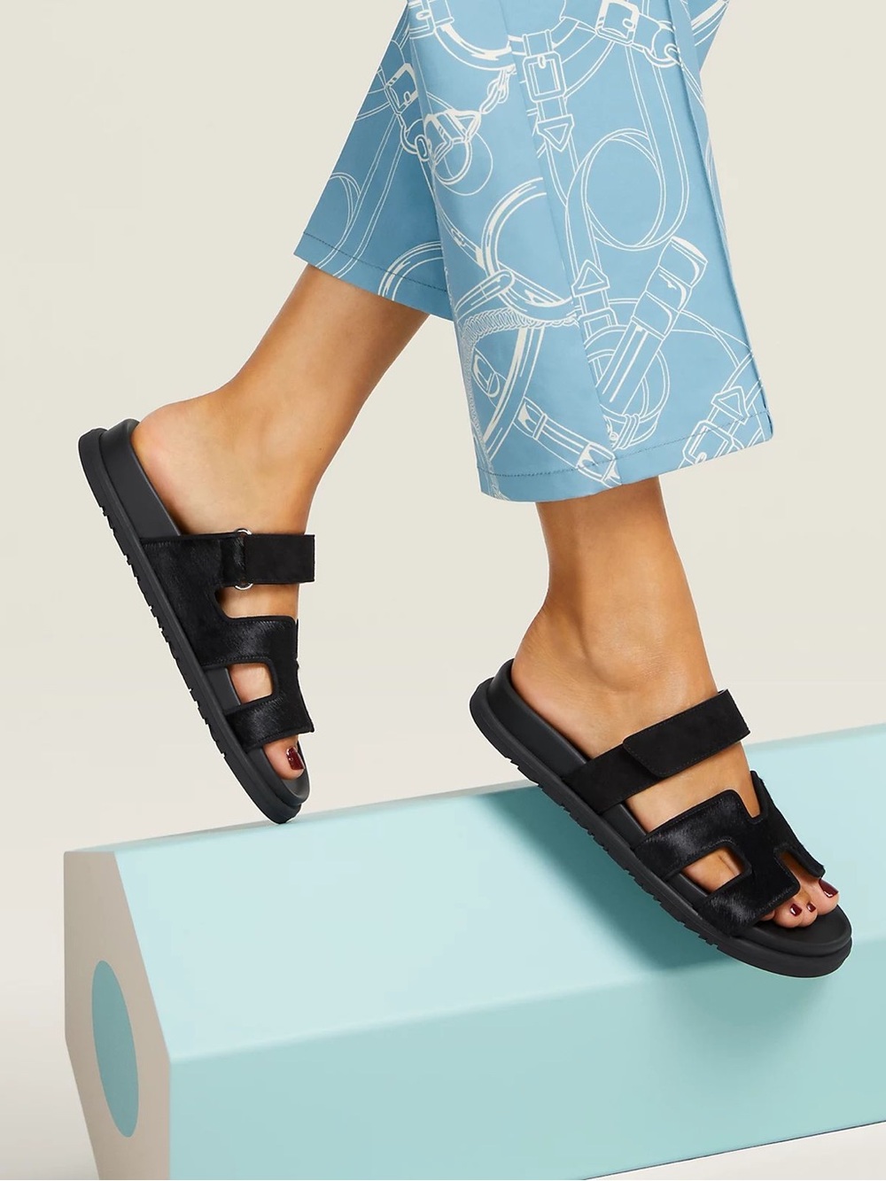 Hermes Chypre Black Women's Double-Strap Slide Sandals